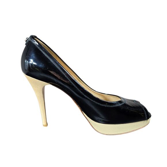 Stuart Weitzman Heels Women 9.5 Peep Toe Black Patent Leather Pumps Dress Formal - Picture 2 of 12